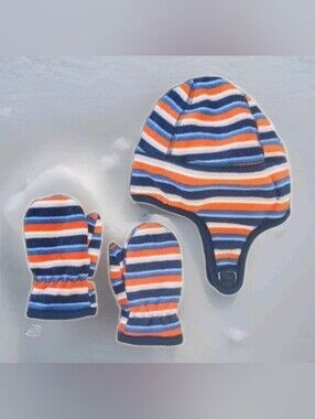 Toby NYC Infant Toddler Hat and Mittens Set Navy Stripes Double Layer Fleece